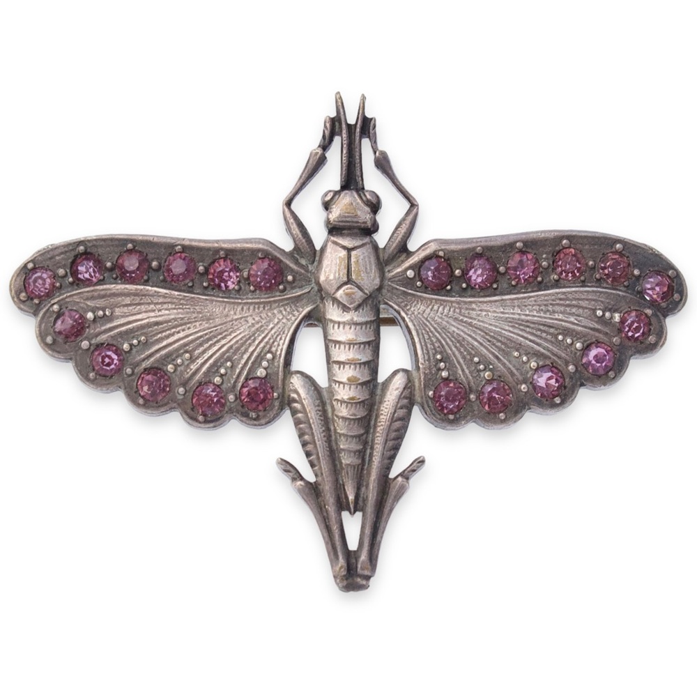 Vintage French Grasshopper Brooch Silver Plate Purple Rhinestone Locust Insect